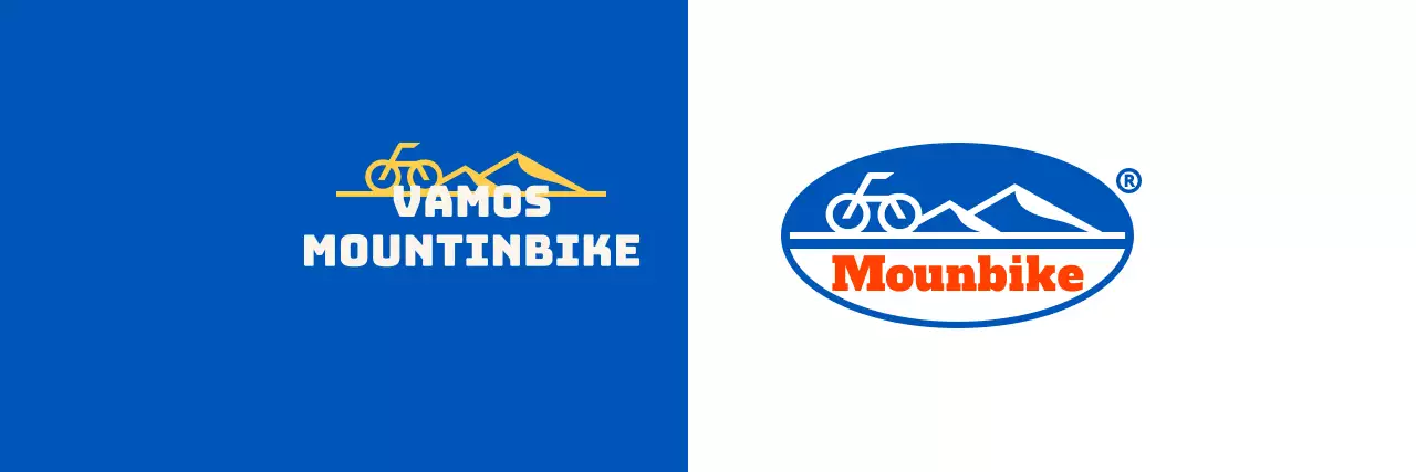 Club de ciclismo de montaña con un logotipo sencillo con montañas y bicicletas