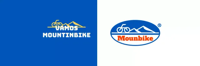 Club de ciclismo de montaña con un logotipo sencillo con montañas y bicicletas