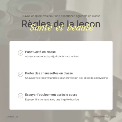Cours de Pilates moderne en beige et jaune avec une mise en garde