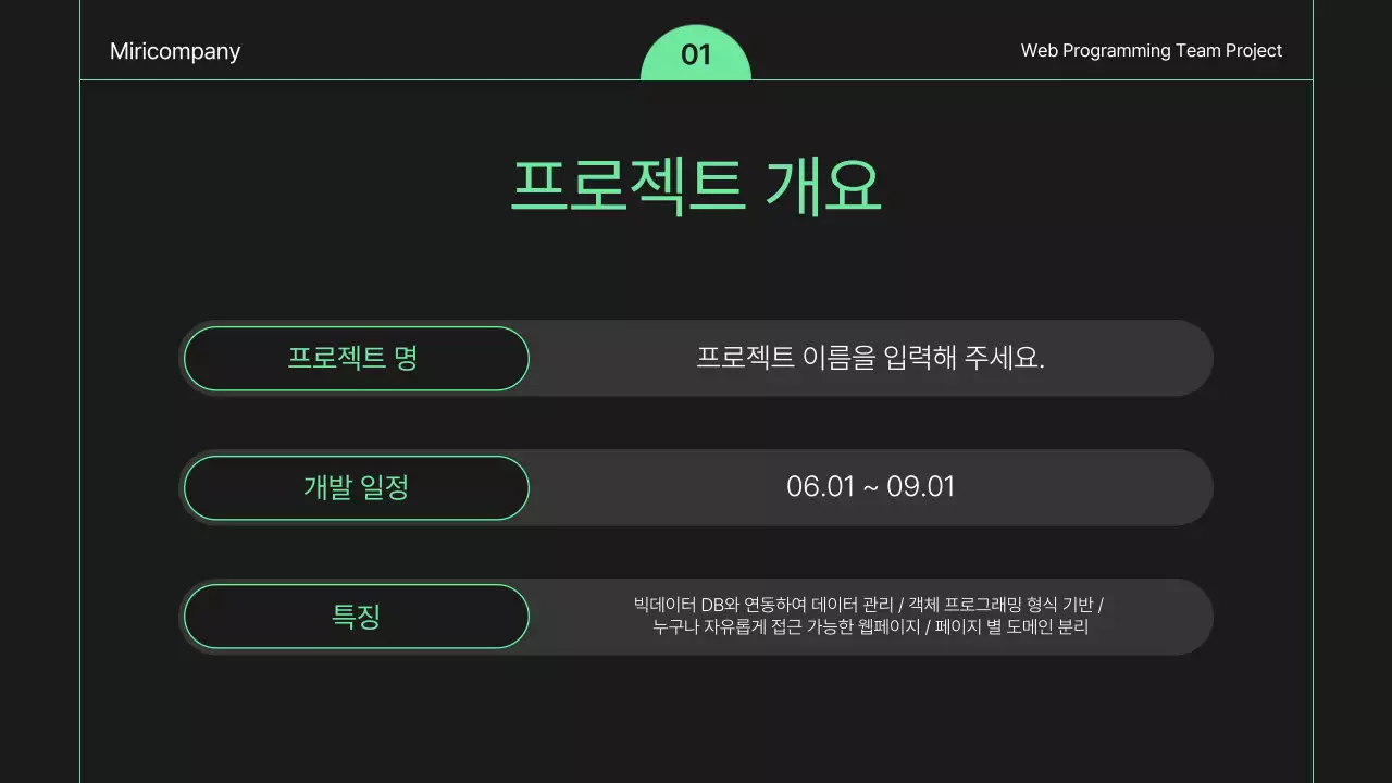 검정과 초록의 심플한 웹개발 기획서