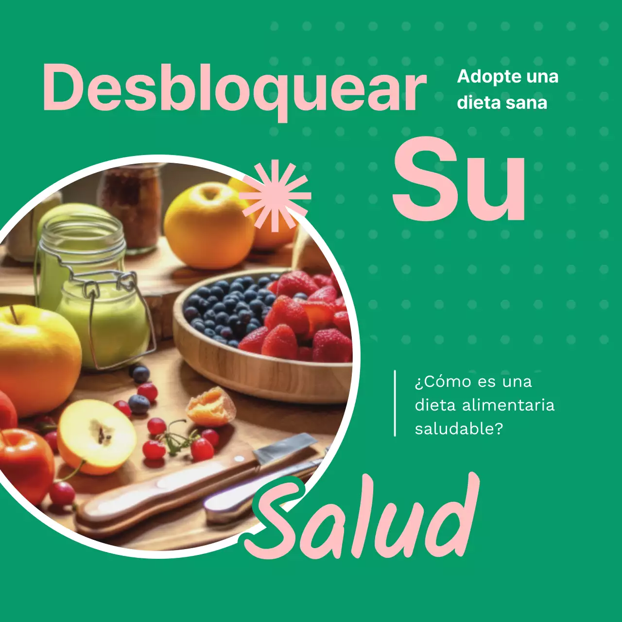 Publicidad verde y rosa sobre alimentos frescos y saludables