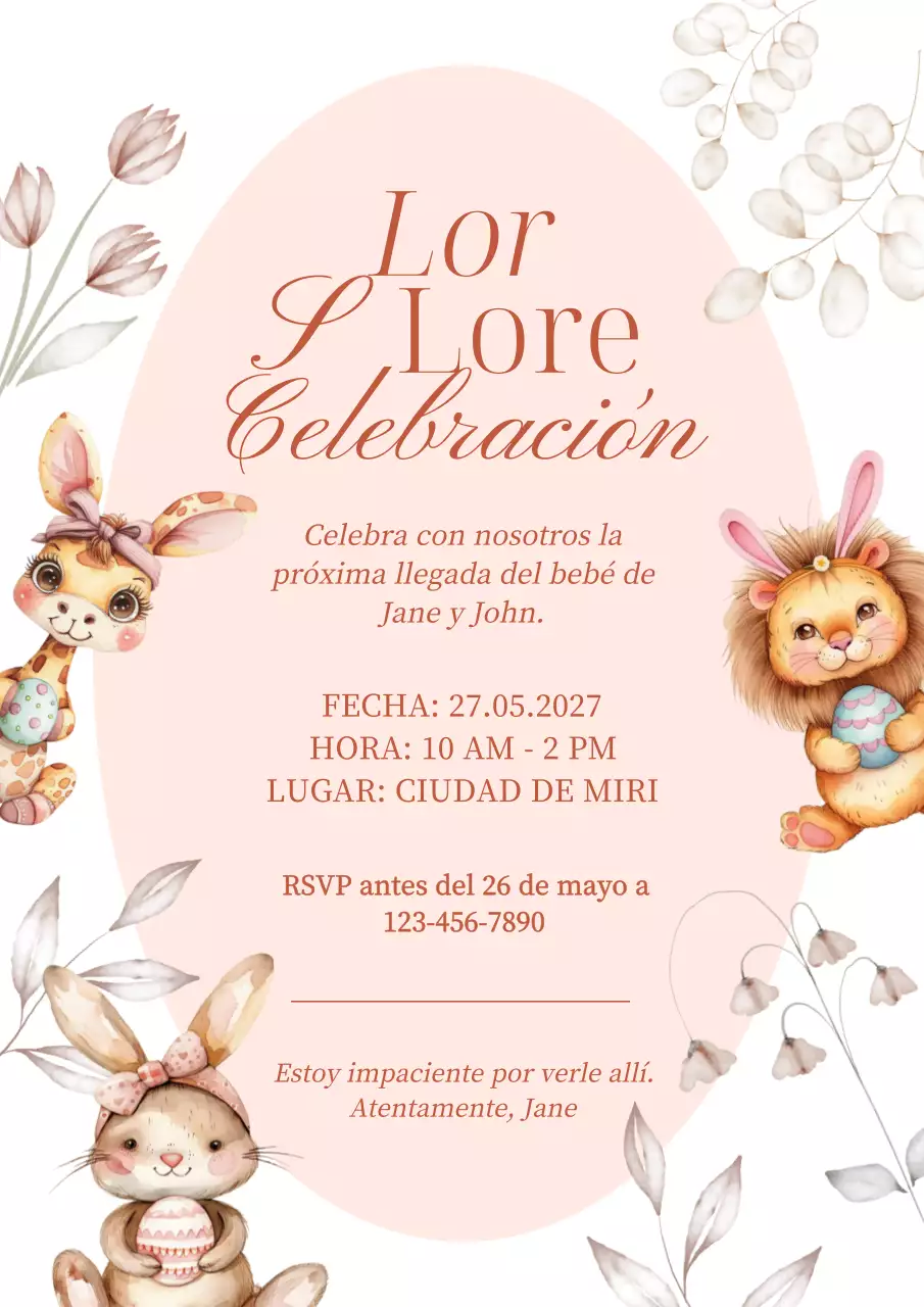 Invitación a la celebración de un baby shower rosa, blanco y moderno