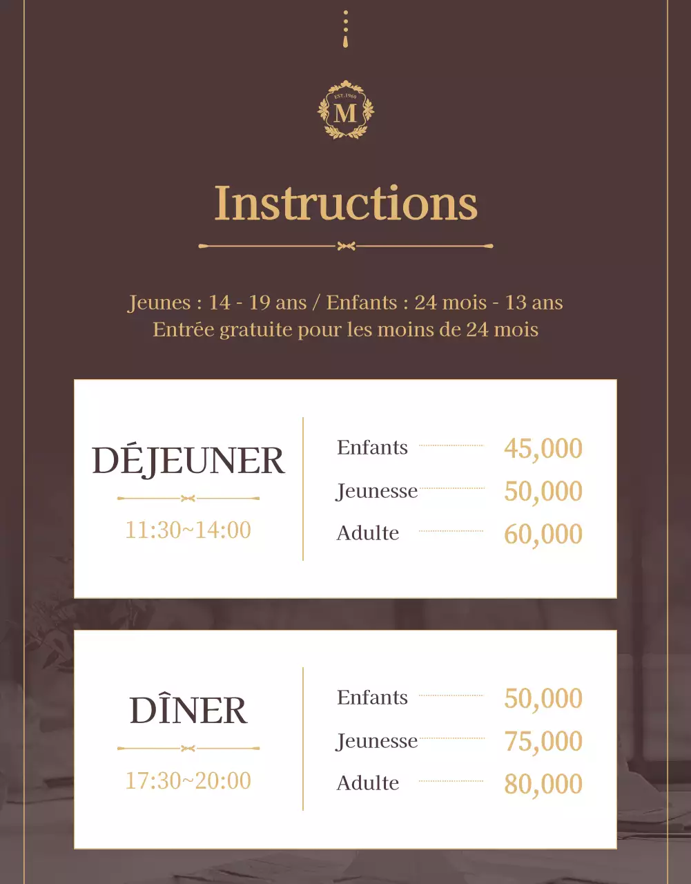 Promouvoir un bon de repas pour un luxueux restaurant buffet en marron et or