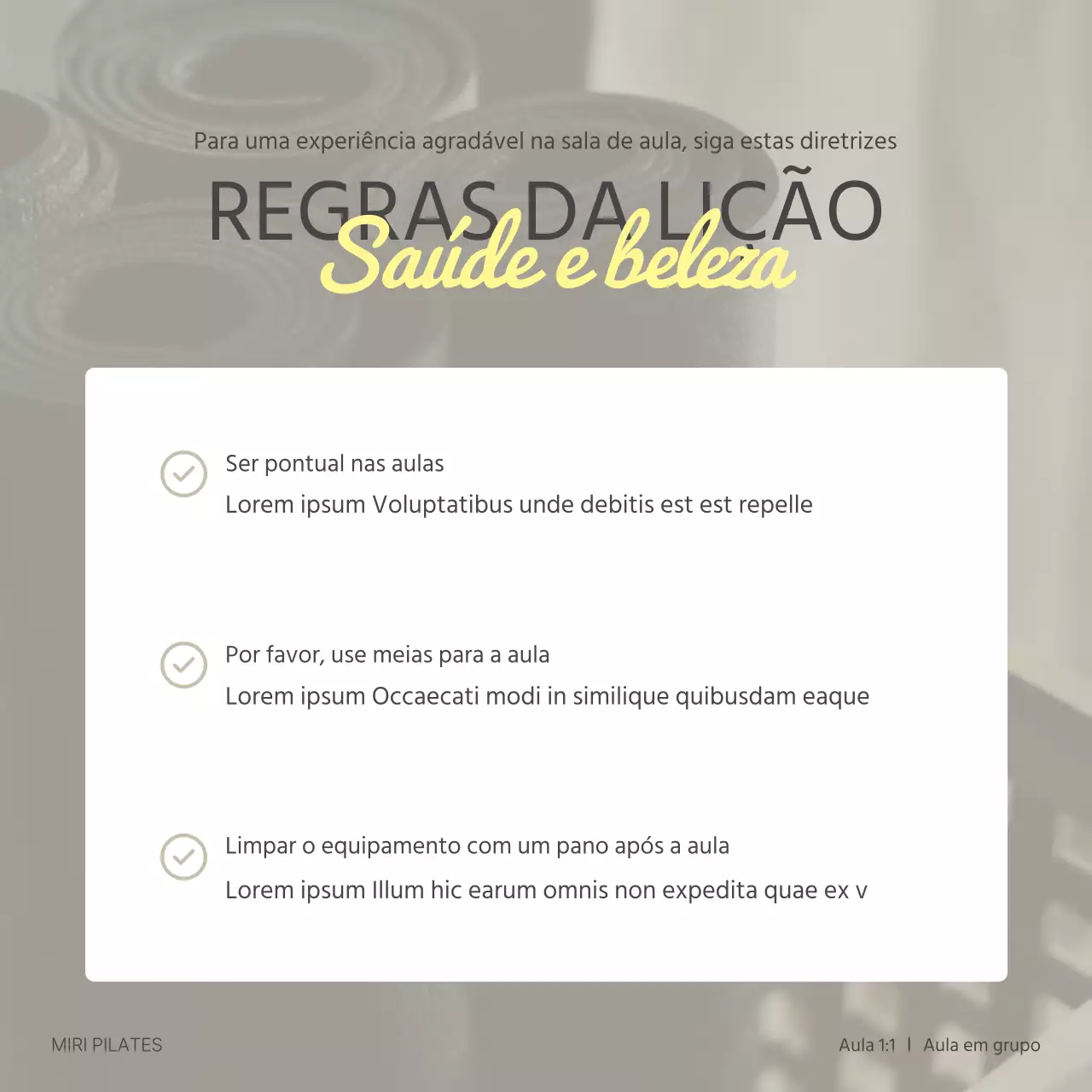 Aula de Pilates moderna em bege e amarelo com uma nota de aviso