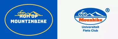 Mountainbikeclub met een eenvoudig logotype met bergen en fietsen