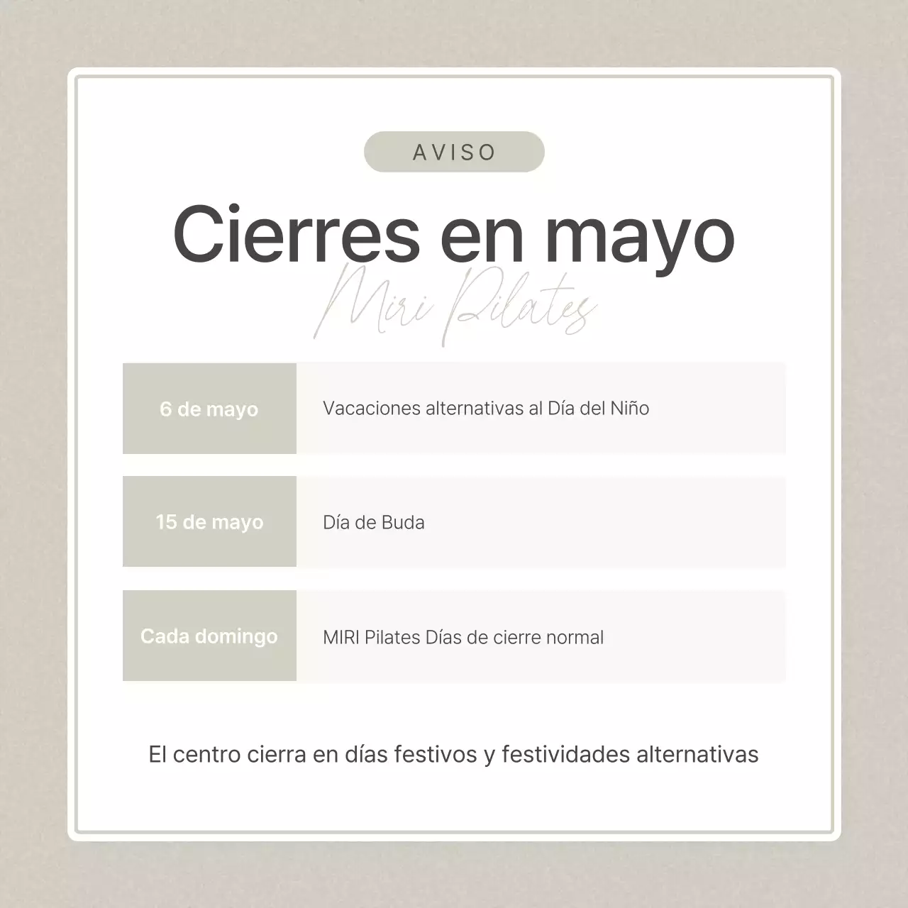 Pilates moderno en beige y marfil anuncio de cierre