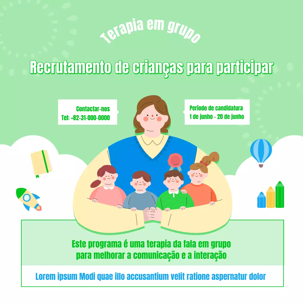 Recrutamento de crianças para terapia da fala em amarelo e verde