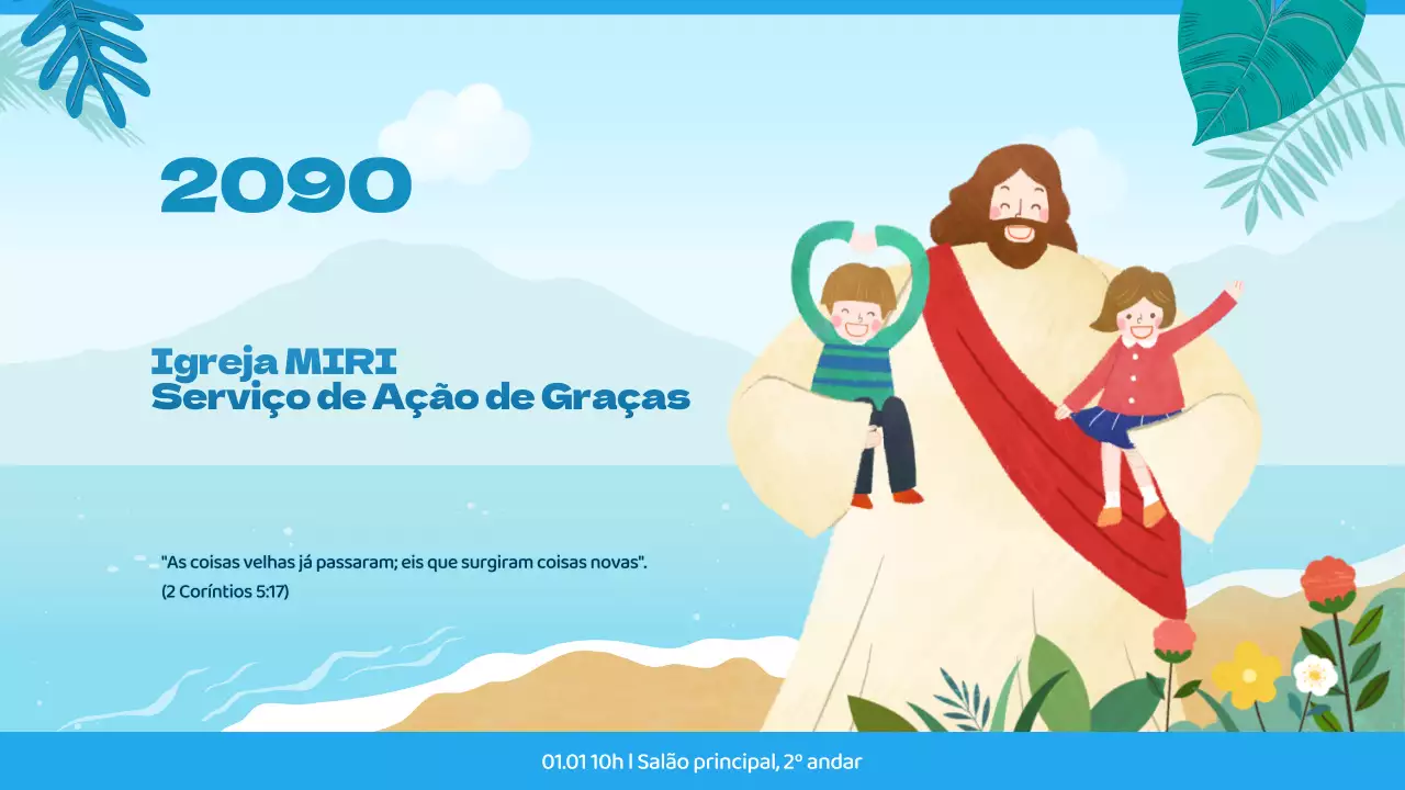 Guia de serviço religioso com um toque tropical em azul e azul claro
