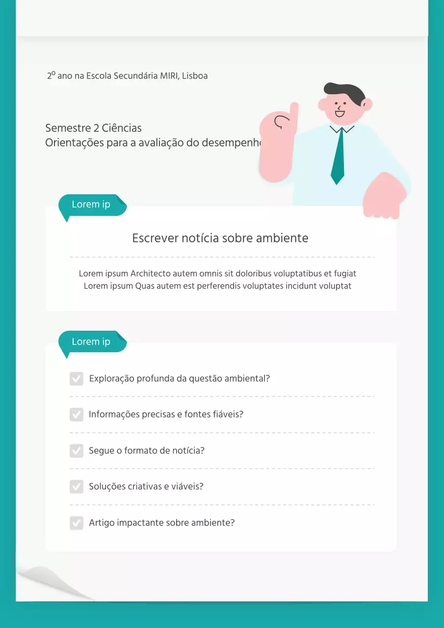 Guia de avaliação do desempenho científico para conceitos de papel com caracteres azuis claros e mentolados