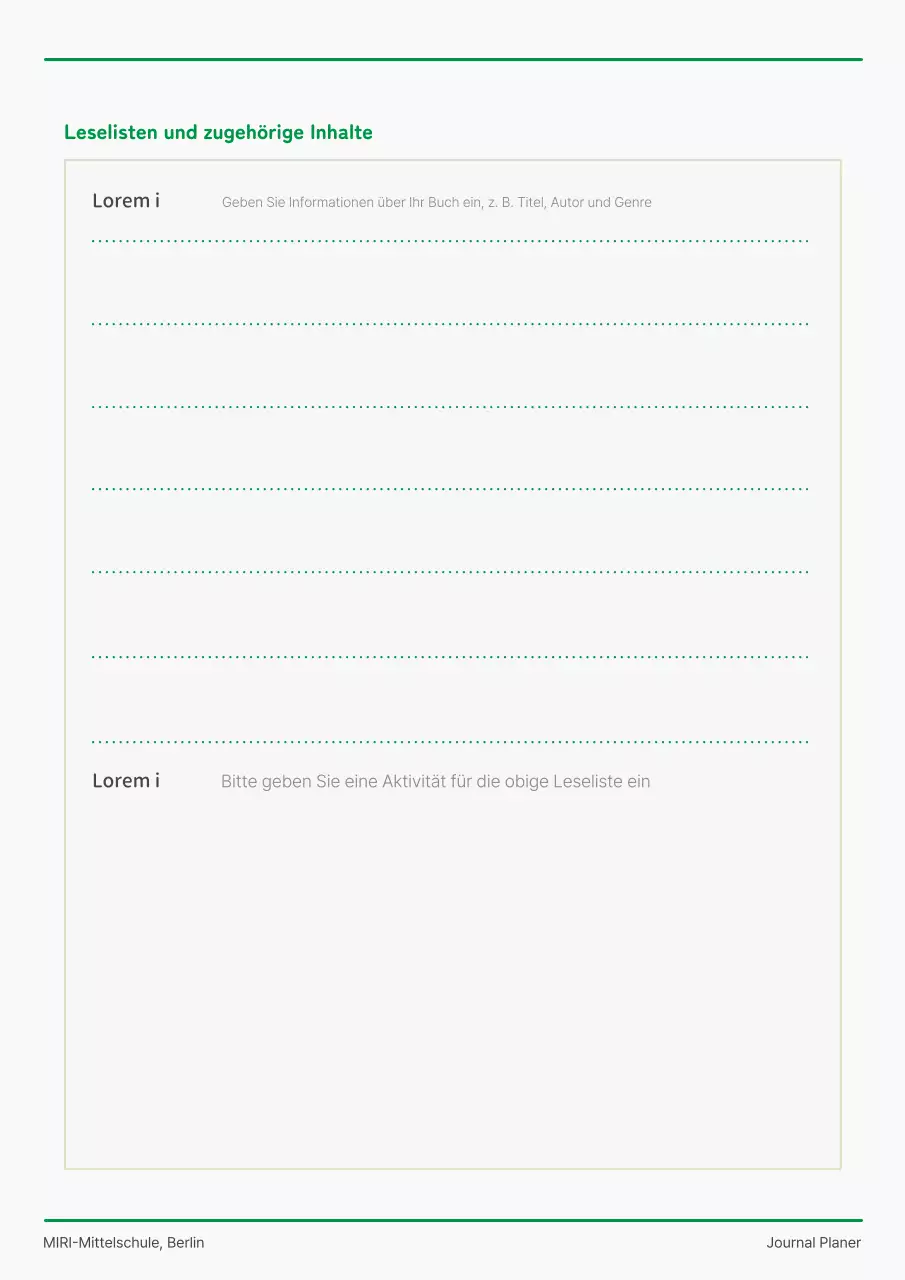 Schuljahrbuch-Planer mit niedlichen grünen und weißen Schülerfiguren
