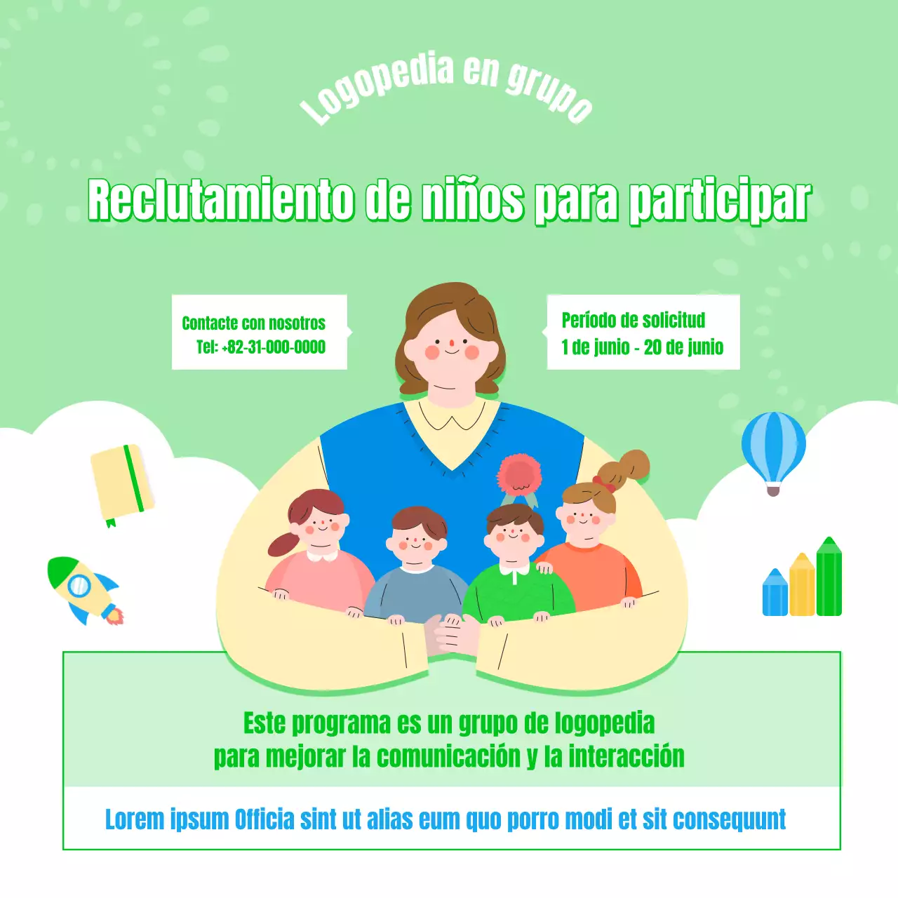 Reclutamiento de niños para logopedia en amarillo y verde