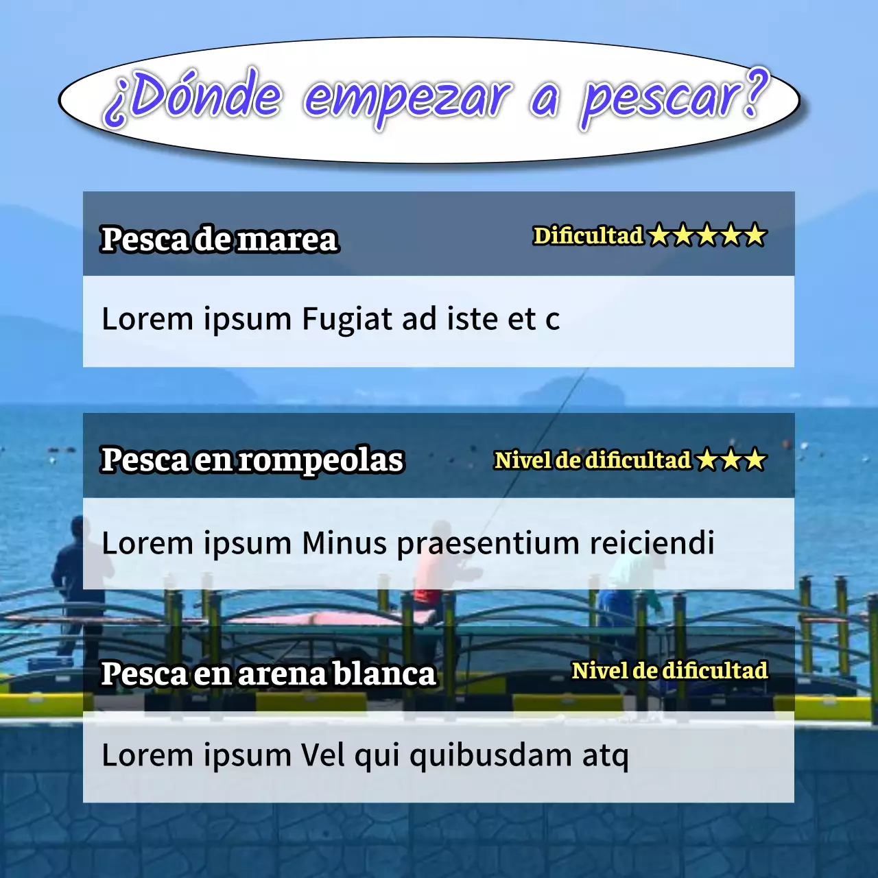 Promoción de la experiencia de pesca en el mar azul y amarillo nauseabundo