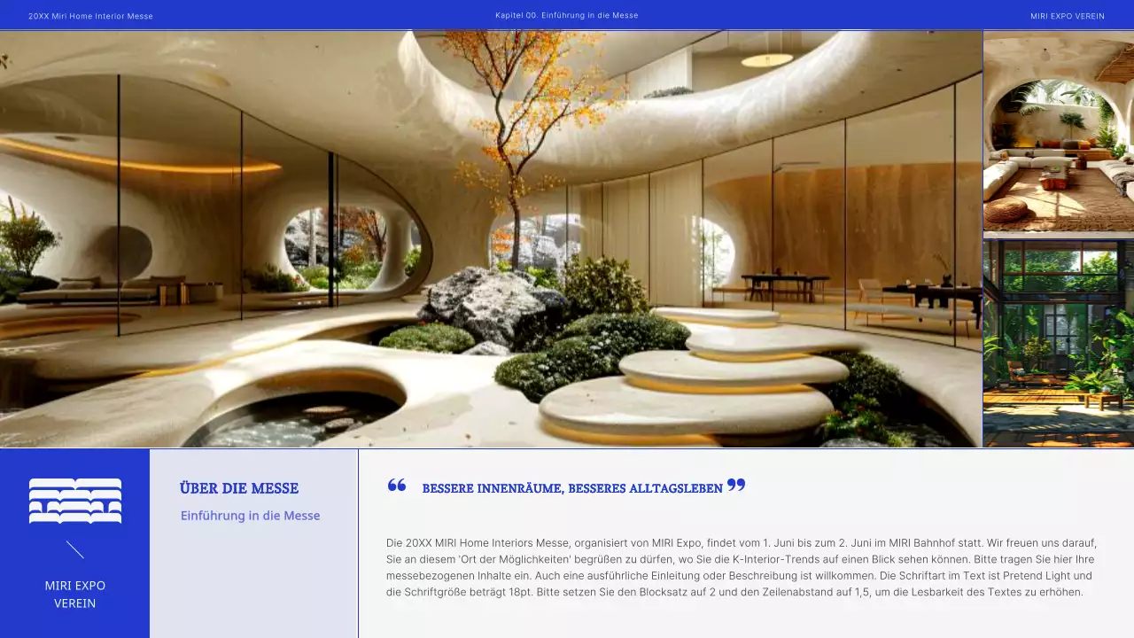 Moderner Messevorschlag für die Inneneinrichtung in Blau und Schwarz