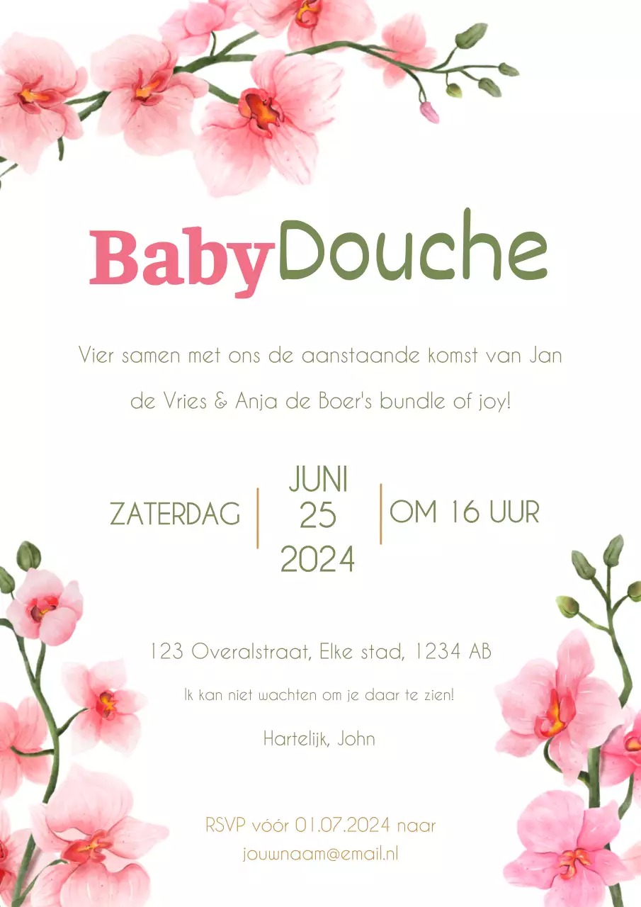 Uitnodiging voor de baby shower met roze natuurlijke bloemen