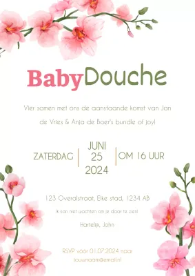 Uitnodiging voor de baby shower met roze natuurlijke bloemen