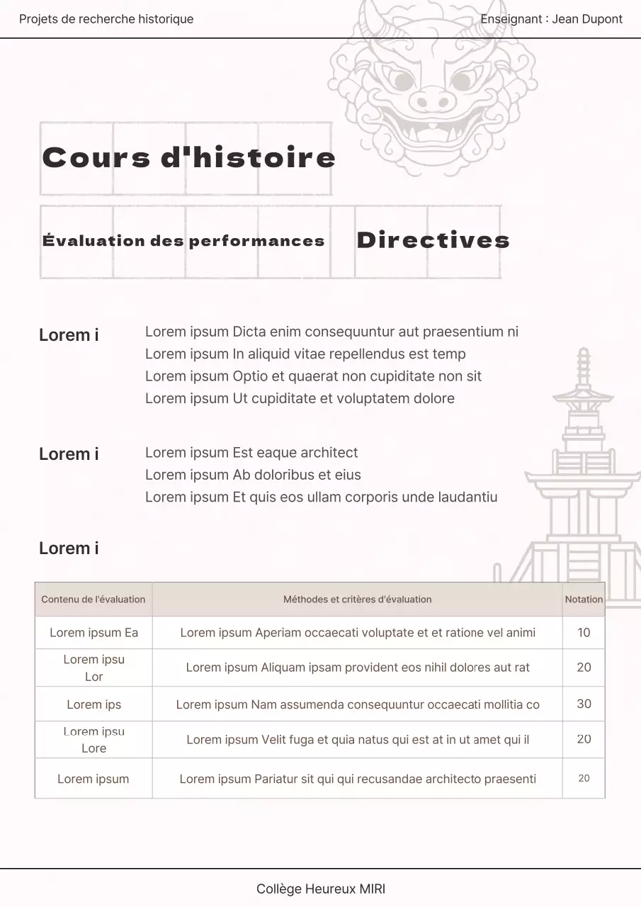 Ressources d'évaluation des performances pour l'histoire traditionnelle en beige et ivoire