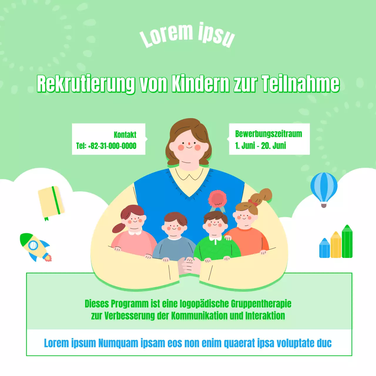 Rekrutierung von Kindern für die Sprachtherapie in Gelb und Grün