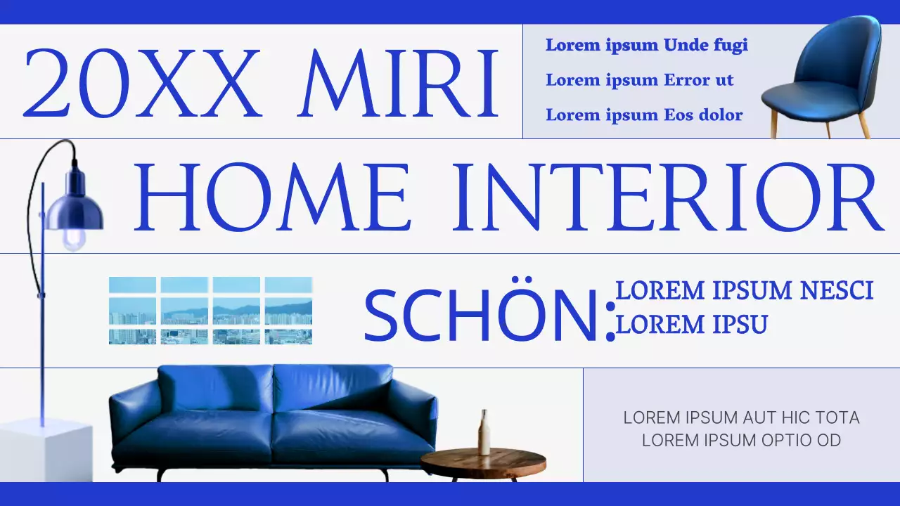 Moderner Messevorschlag für die Inneneinrichtung in Blau und Schwarz