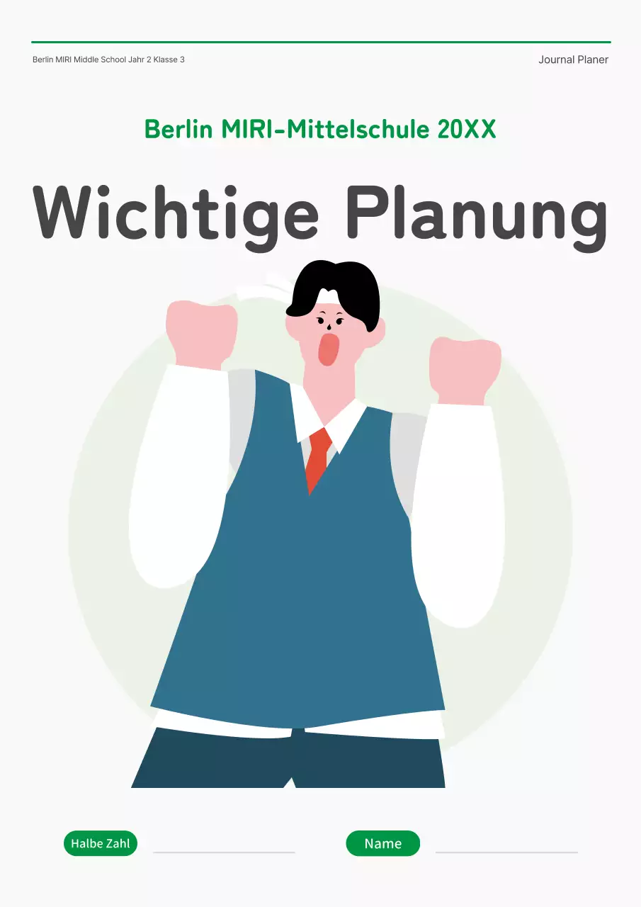 Schuljahrbuch-Planer mit niedlichen grünen und weißen Schülerfiguren