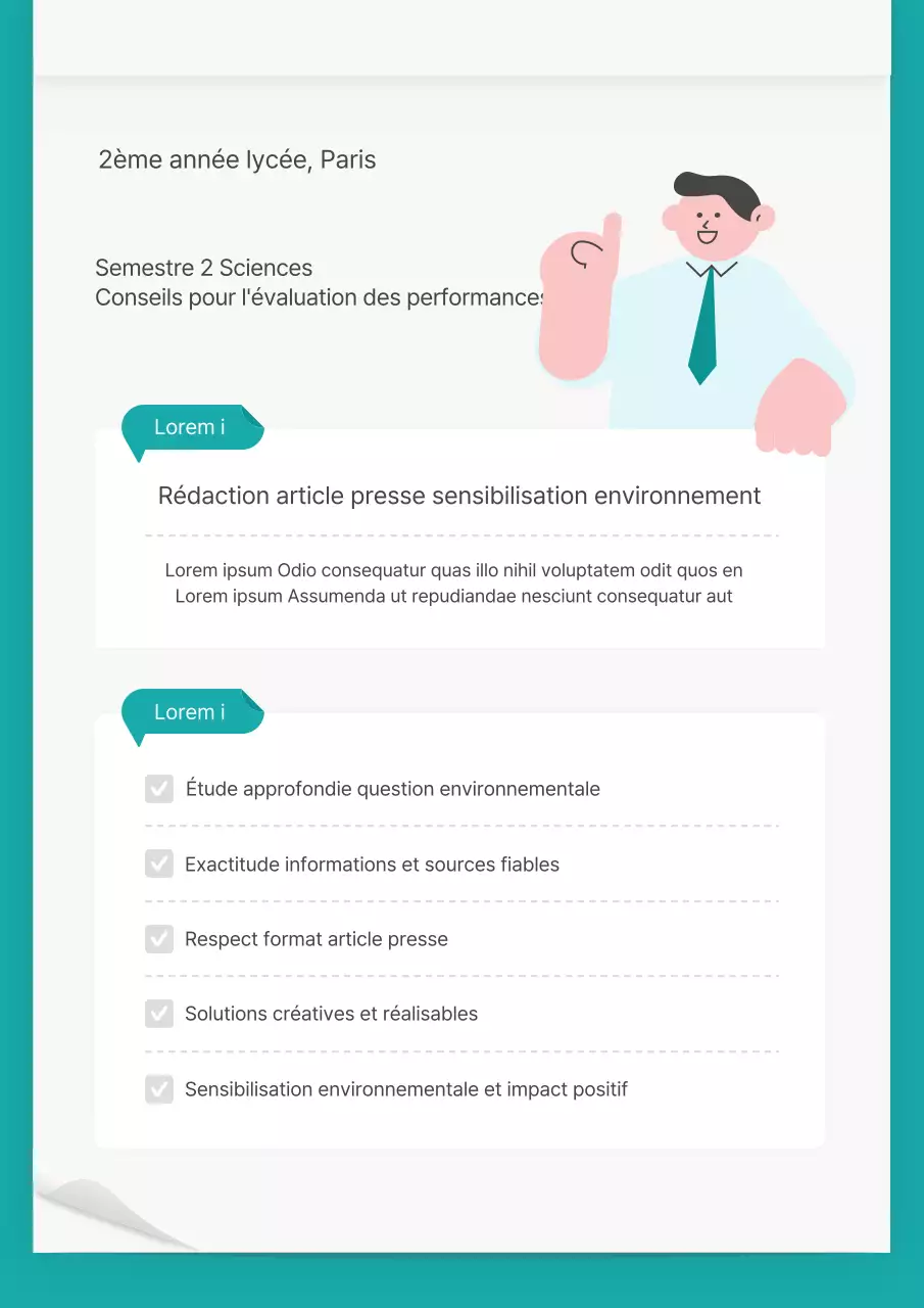Guide d'évaluation des performances scientifiques pour les concepts de papier avec des caractères bleu clair et menthe