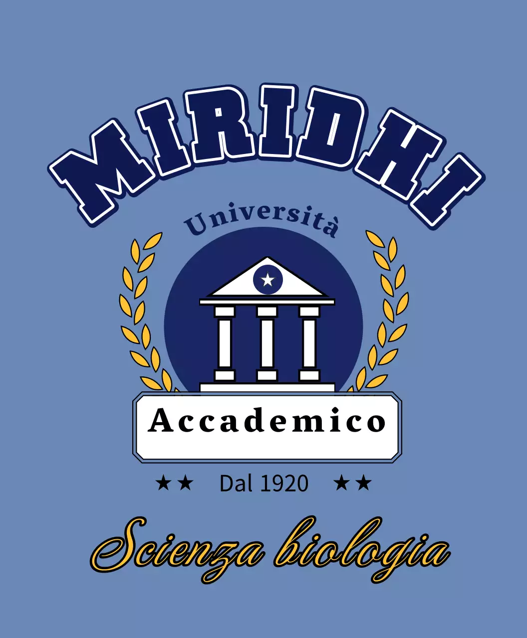 Maglietta universitaria con logo dell'università e illustrazione della corona d'alloro