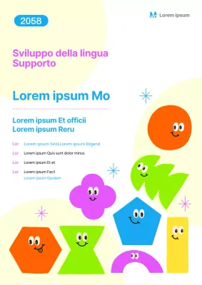 Simpatico volantino giallo e viola che promuove un programma di formazione per lo sviluppo del linguaggio