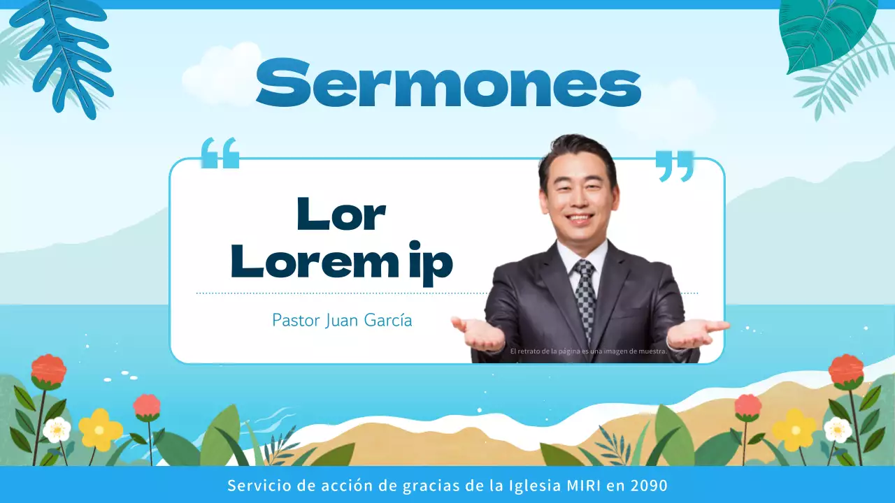 Guía de servicios religiosos con un toque tropical en azul y azul claro