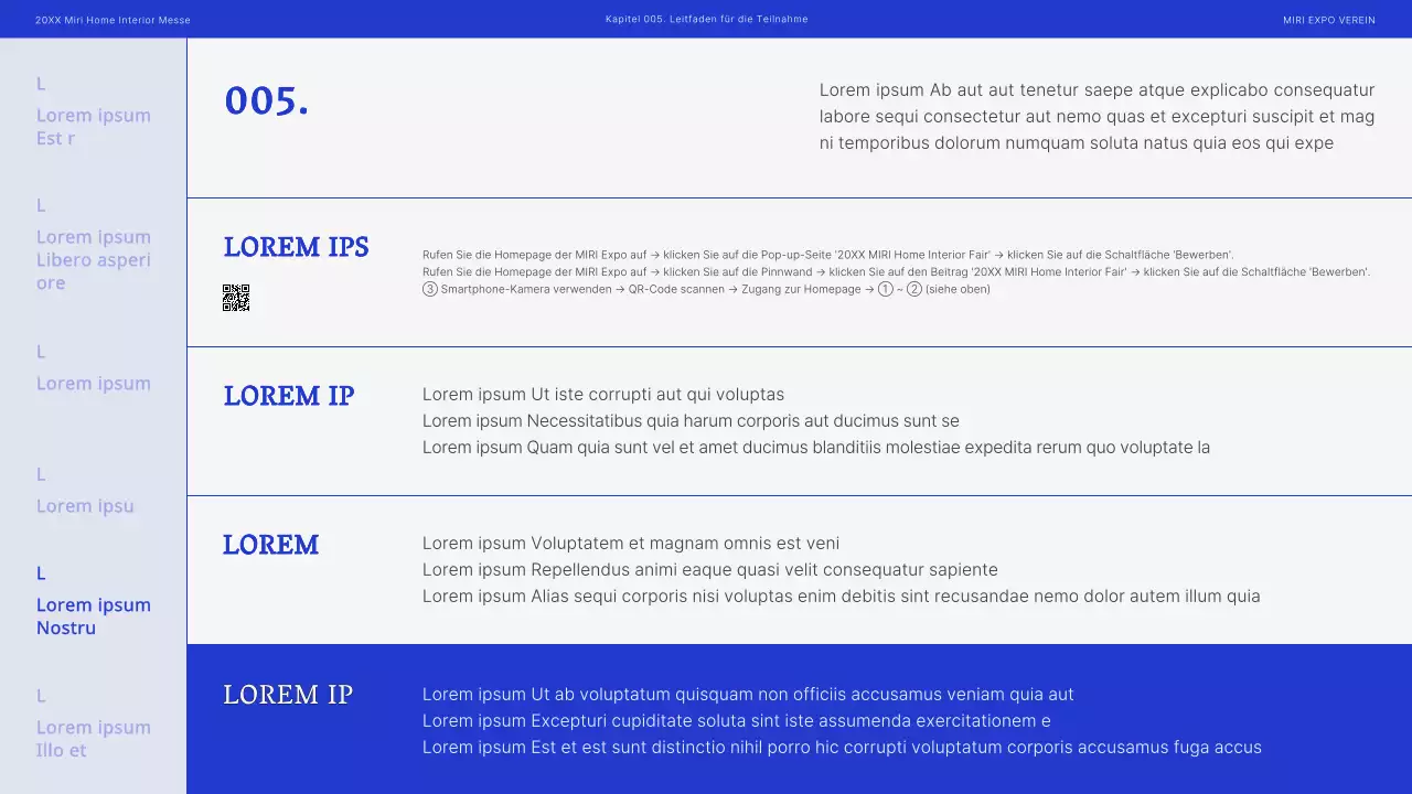 Moderner Messevorschlag für die Inneneinrichtung in Blau und Schwarz