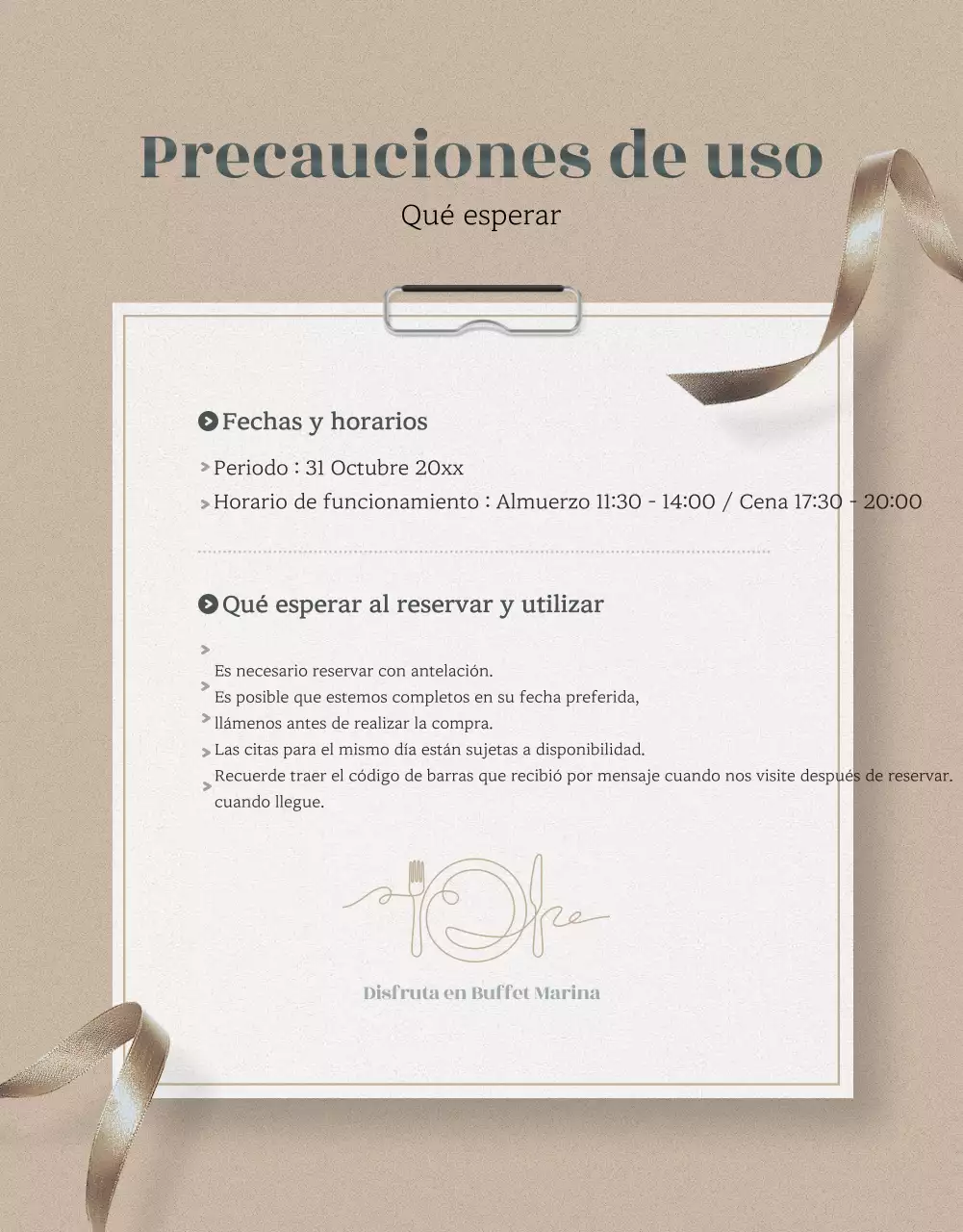 Promocione lujosos vales de comida para bufés de hotel en dorado y caqui