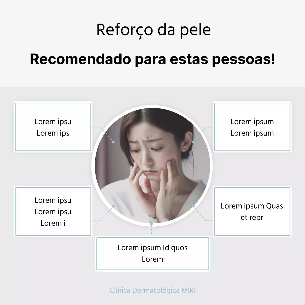 Palavras-chave e descrições de procedimentos de marketing hospitalar para promover um consultório de dermatologia simples, branco e azul claro
