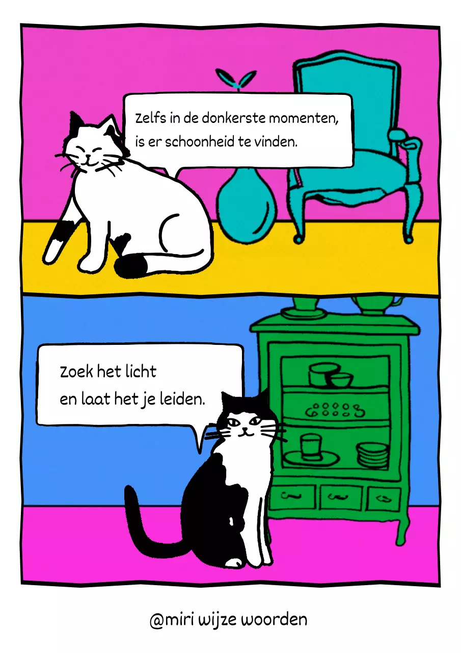 Plaats een cartoonillustratie van een schattige kat in groen en lichtblauw