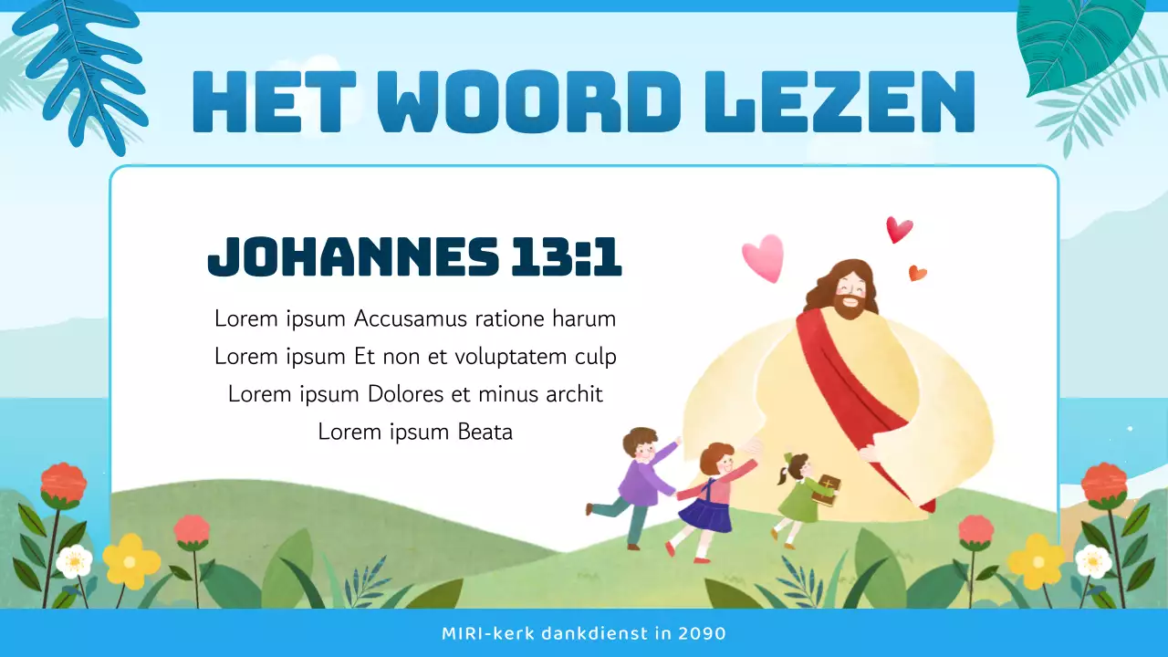 Kerkdienstgids met tropische uitstraling in blauw en lichtblauw