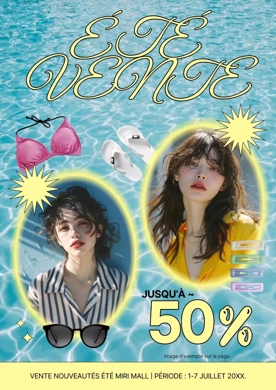 Une affiche promouvant une vente sur les nouveaux arrivages d'été en jaune.