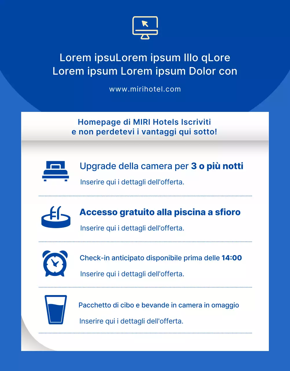 Promuovete le promozioni per le vacanze estive del vostro hotel con le tonalità trendy del blu e dell'azzurro