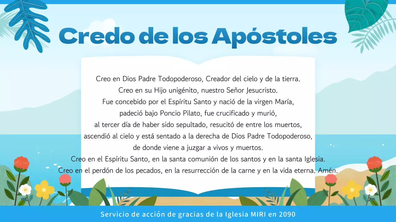 Guía de servicios religiosos con un toque tropical en azul y azul claro