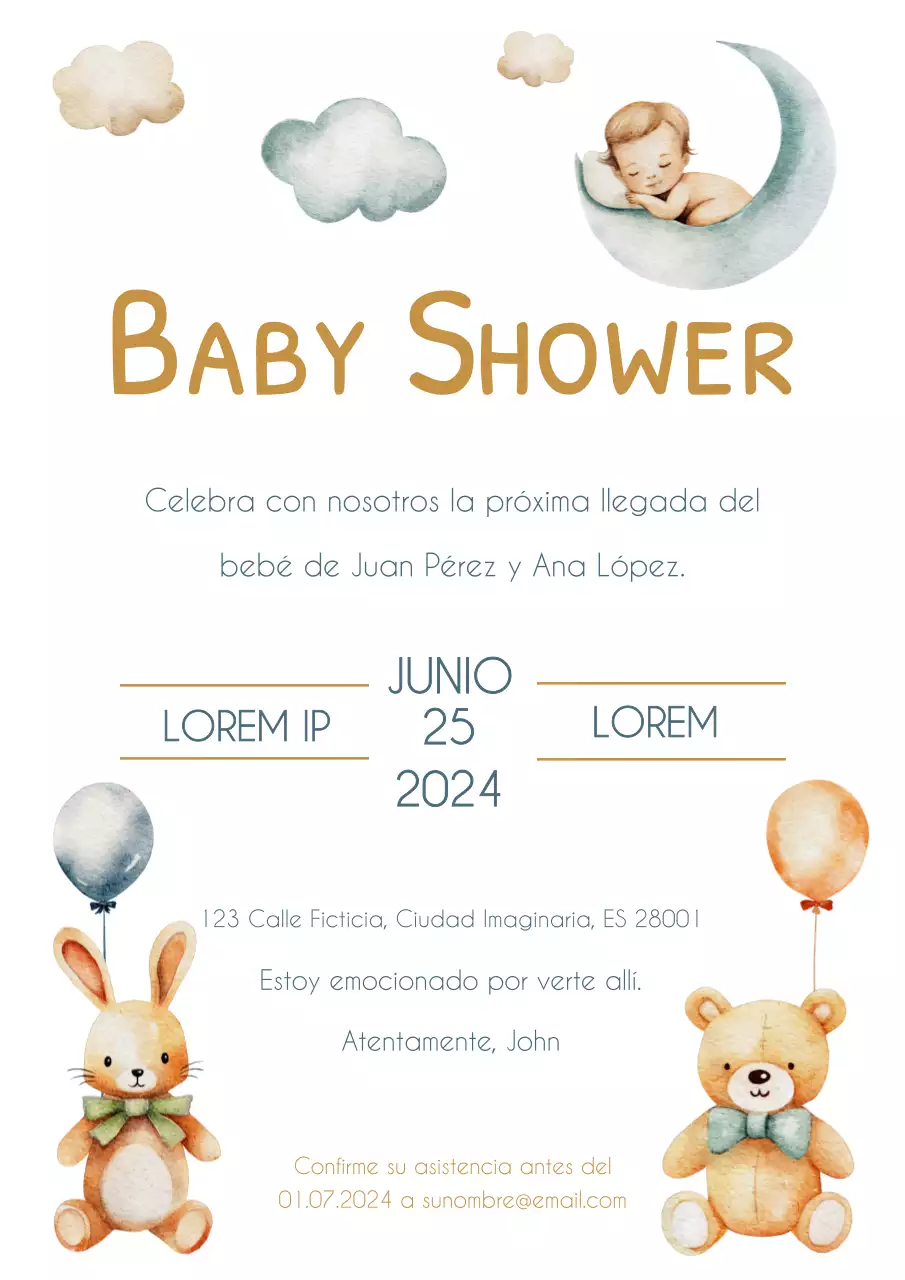 Invitación de baby shower en acuarela azul