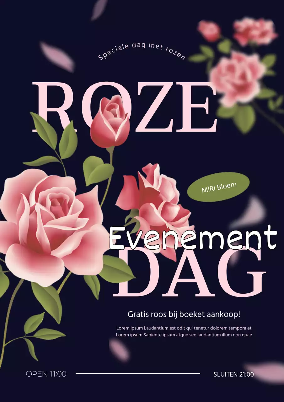 Een chique promotieposter voor een bloemistendag in marineblauw en roze.