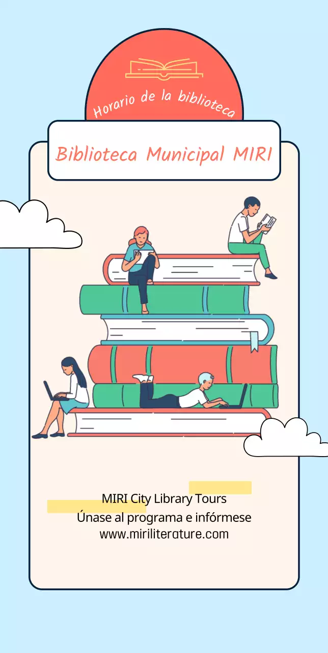 Diseño de una biblioteca pública con ilustraciones de libros y personas