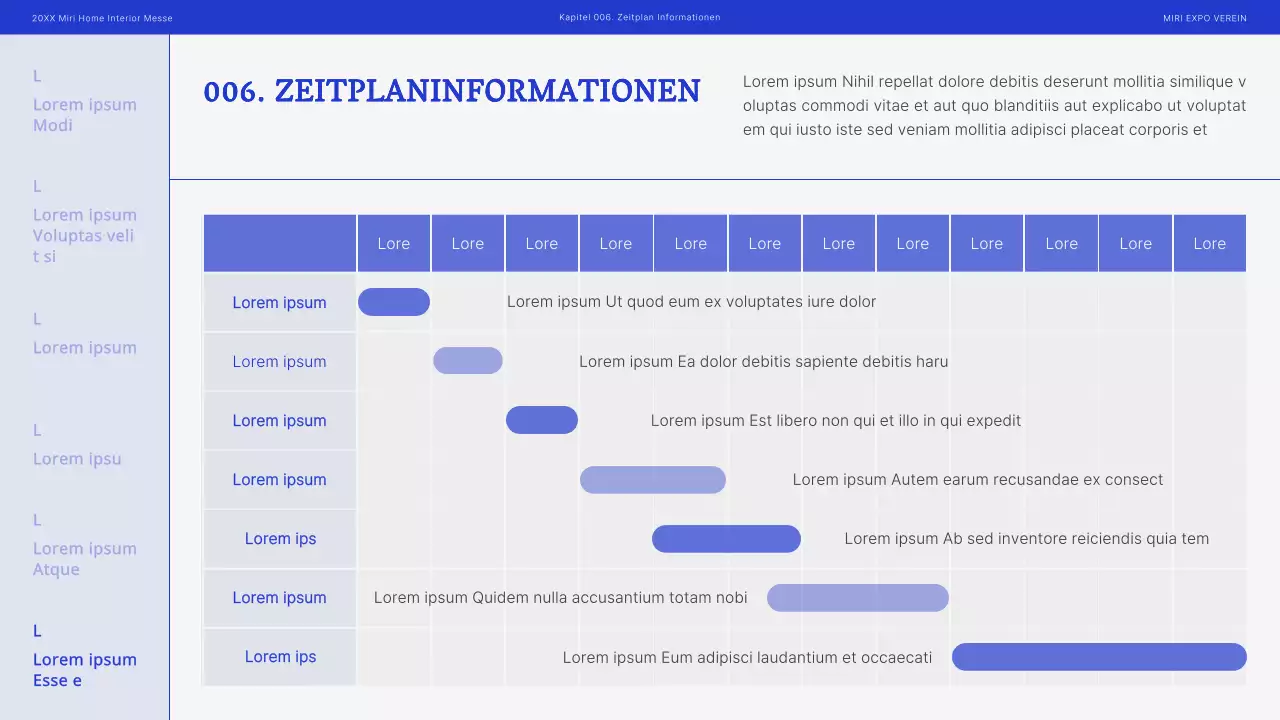 Moderner Messevorschlag für die Inneneinrichtung in Blau und Schwarz