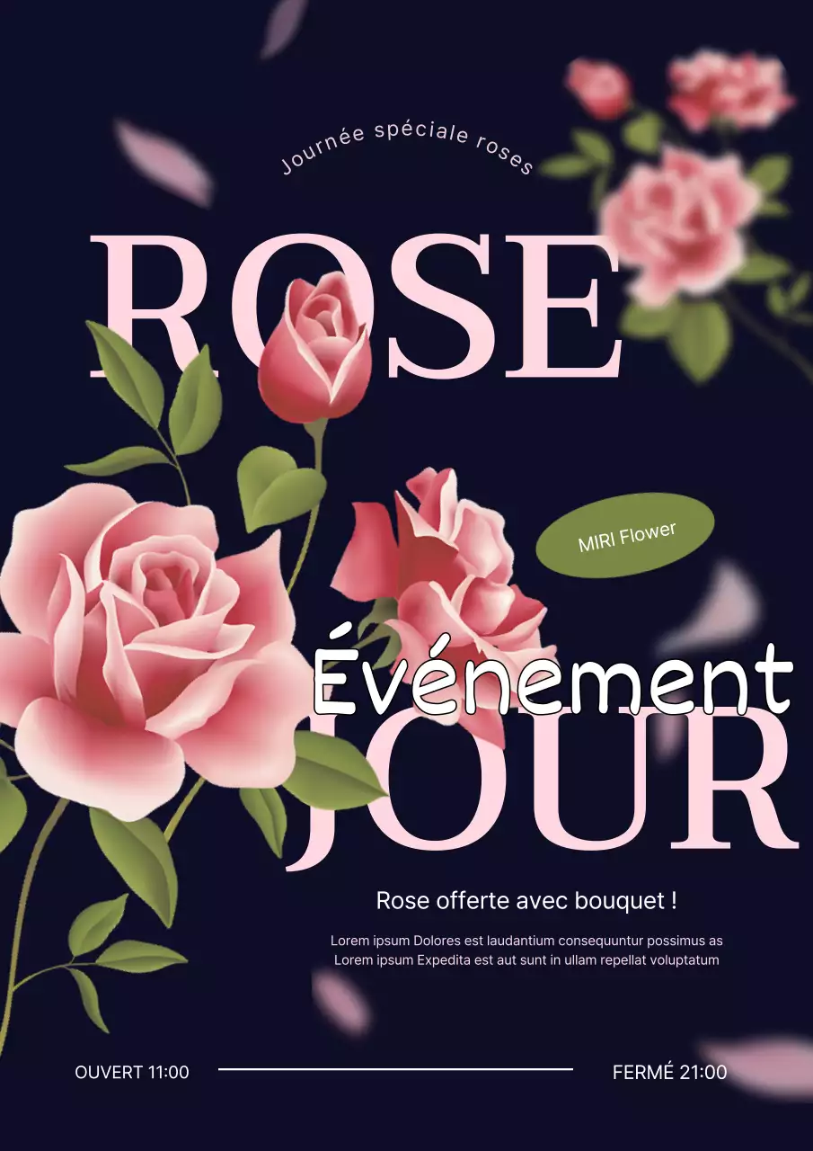Affiche promotionnelle de l'événement de la Journée des roses d'un fleuriste chic, en bleu marine et rose.