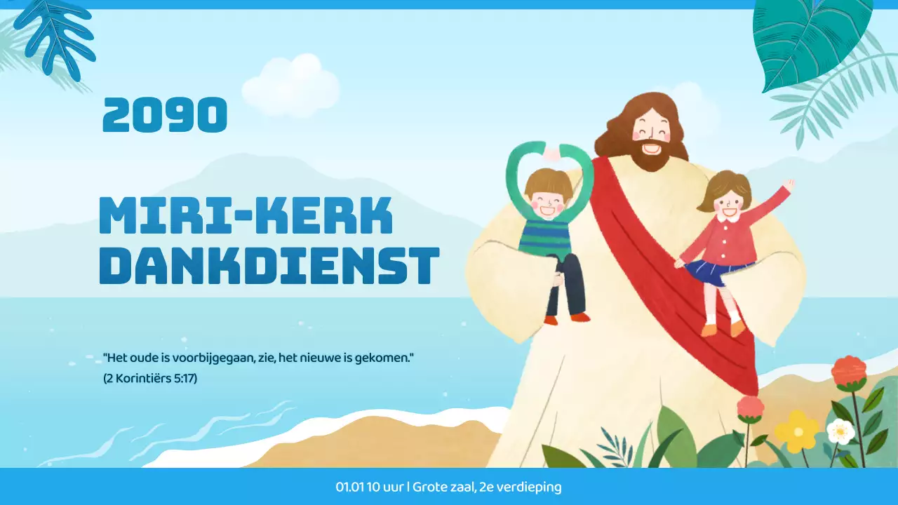 Kerkdienstgids met tropische uitstraling in blauw en lichtblauw