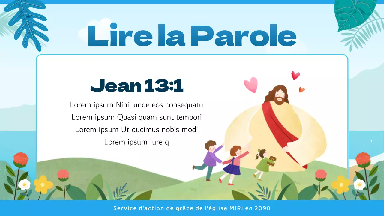 Guide de service religieux avec une touche tropicale en bleu et bleu clair