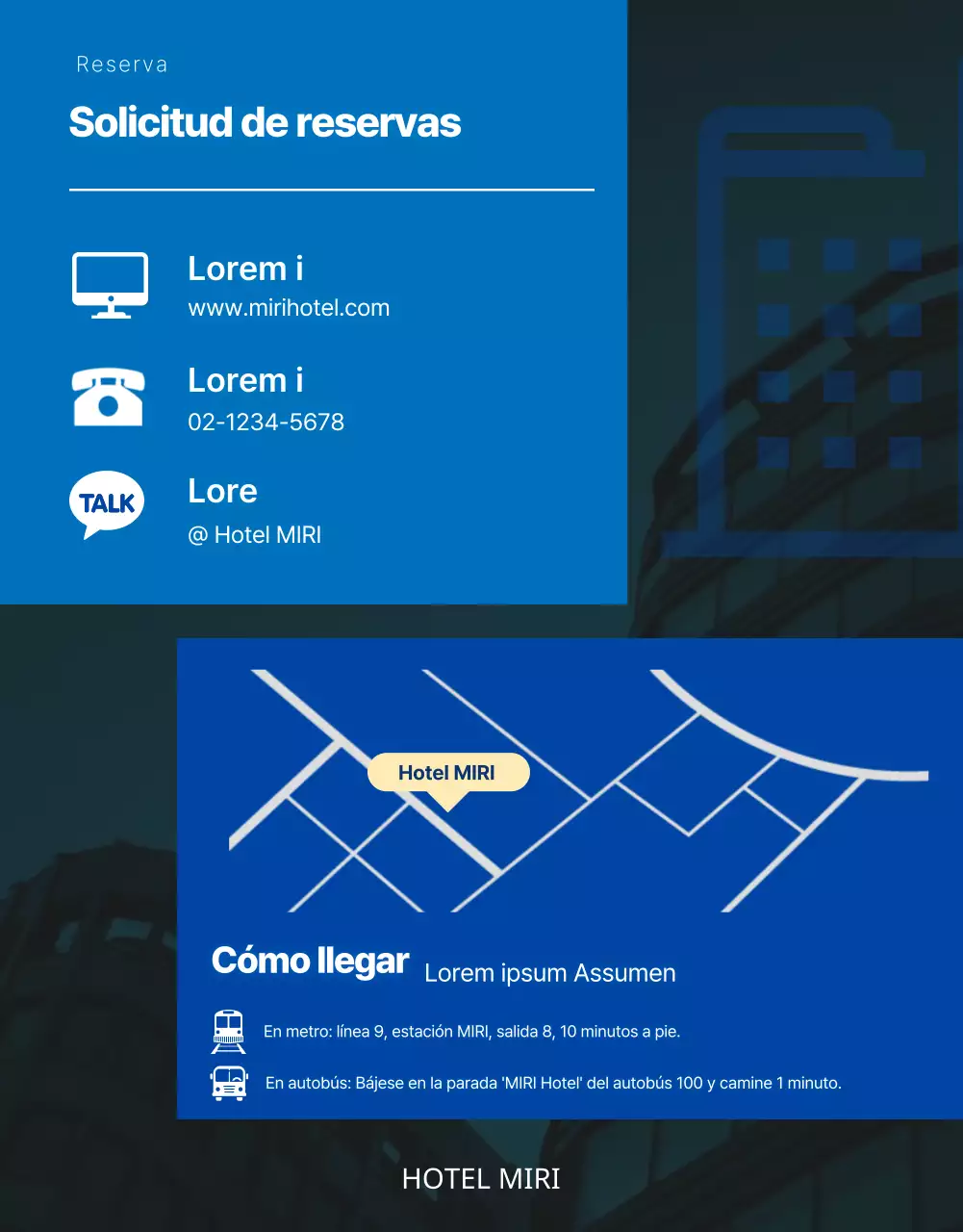 Promocione las vacaciones de verano de su hotel en modernos tonos azules y celestes.