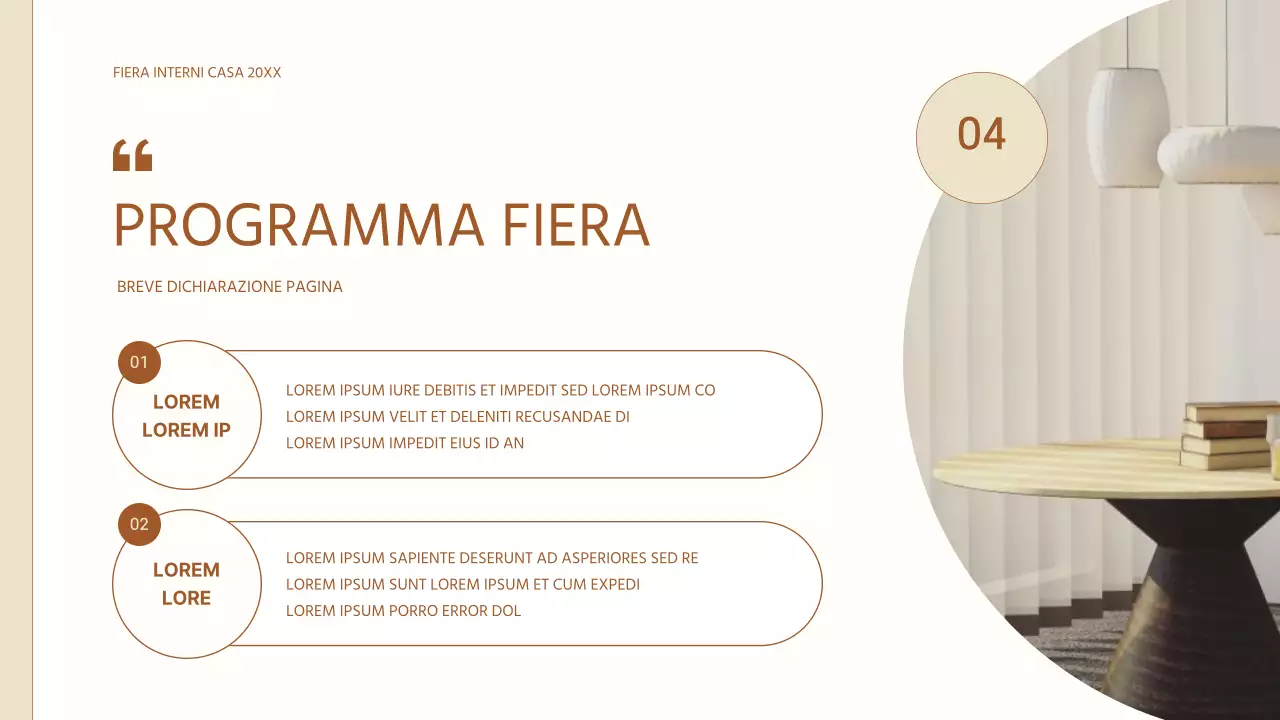 Semplice proposta fieristica di interni per la casa in beige e marrone