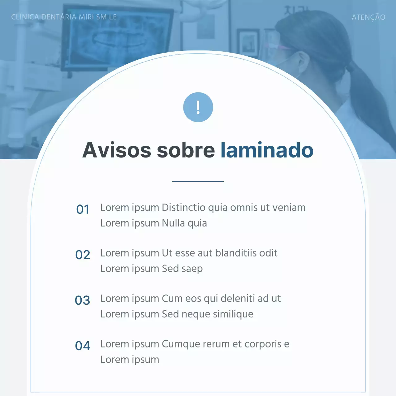 Promover uma clínica dentária simples em branco e azul claro para mostrar as advertências da clínica