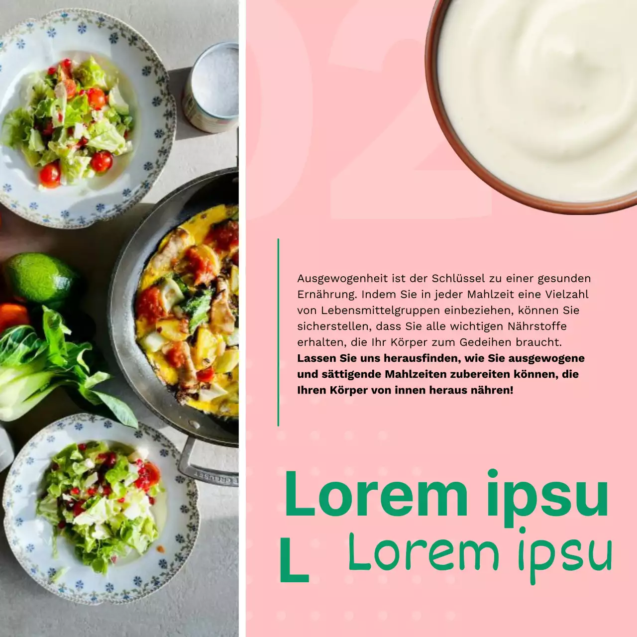 Grüne und rosafarbene Werbung für frische und gesunde Lebensmittel