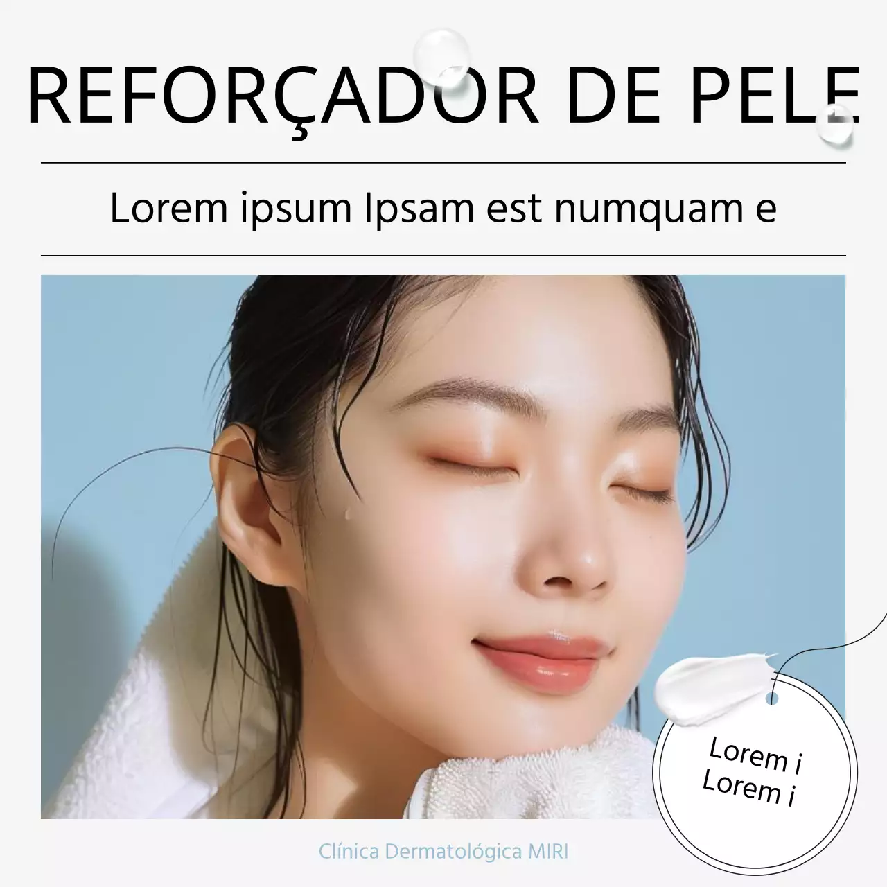 Procedimentos de marketing hospitalar para promover um simples consultório de dermatologia em branco e azul claro.