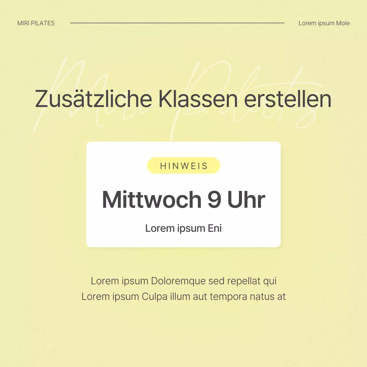 Ankündigung eines neuen modernen Pilates-Kurses in Weiß und Gelb