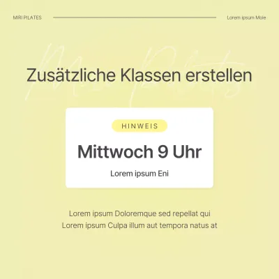 Ankündigung eines neuen modernen Pilates-Kurses in Weiß und Gelb