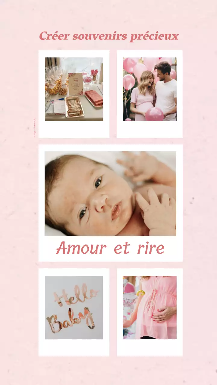 Flyer de Baby Shower en rose et blanc avec un collage de photos simple et esthétique